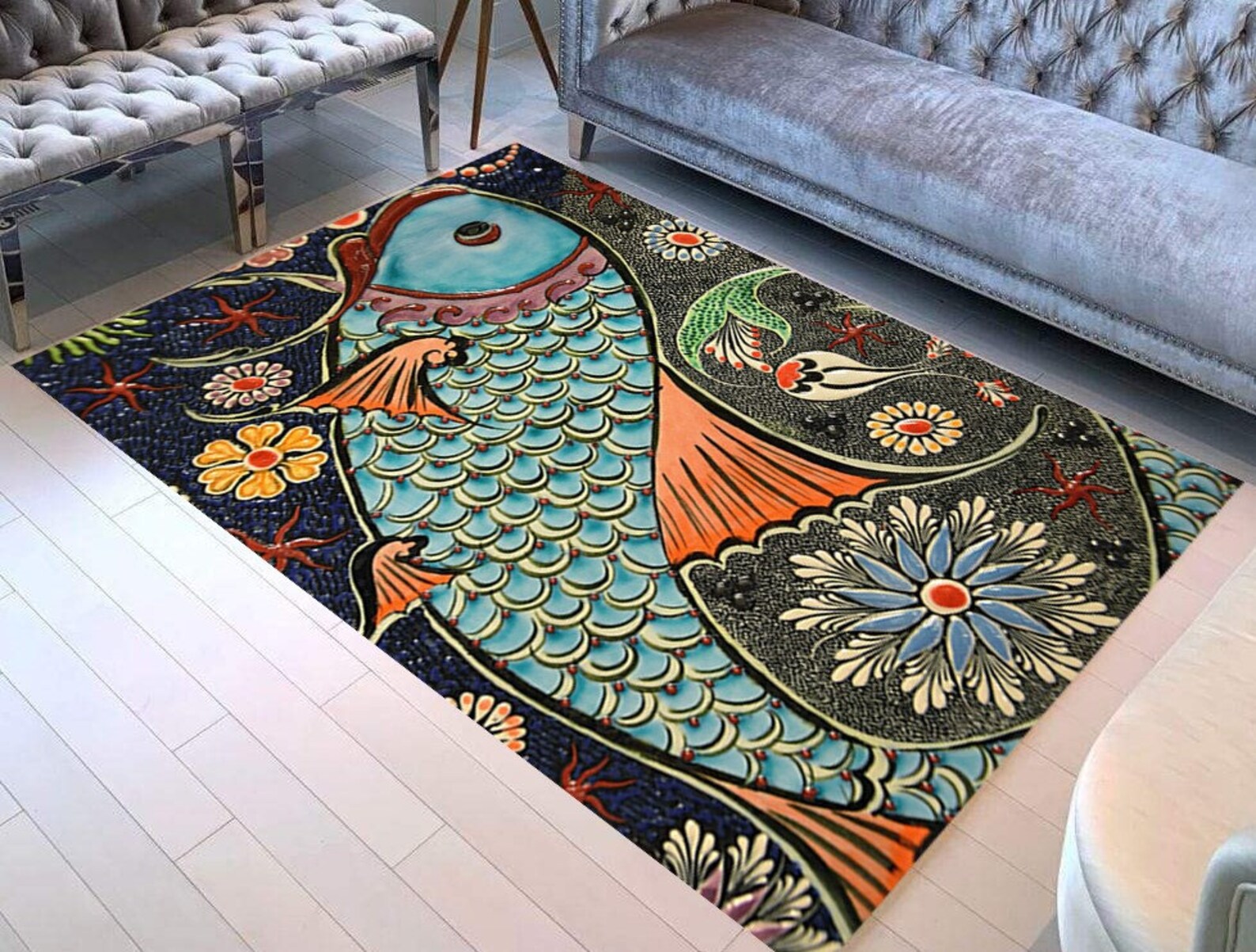 Mosaic Rug Fish Rug Modern Rug Living Room Rug Area Rug Etsy