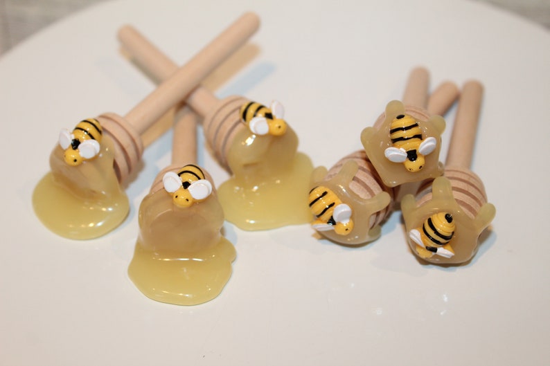 Set of Three Fake Honey Bee Dippers, Bee tiered tray, Bee décor, Summer décor, Fake honey dessert, honey dippers, fake honey cupcake image 1