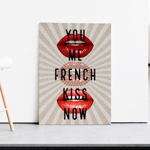 Retro Funky Kiss Poster, Red Lips Art Print, French Kiss Wall Art, Retro Trippy Wall Art, Pop Art Print, Love and Kiss Quotes