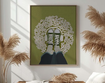 Daisy Garden Wall Art, Spring Girl's Shoes, Retro Green Shoes, 70s Music Poster, Daisy Bloom Delight, 70s Decor, Retro 70s Home Decor