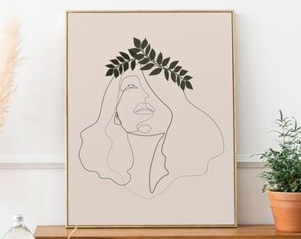Boho Woman Line Art Portrait: Minimalist Female Face Print (digital ...