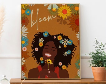 Flower Bloom Wall Art, Flower Child Art Print, Floral Art Prints, Black Girl Poster, Afro Woman Art, Vintage Home Decor, Bohemian Wall Art