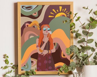 Flower Child Wall Art Print, Hippie Wall Decor, Hippie Art Print, Boho Room Decor, Bohemian Art Print, Girl Drawing, Rainbow Wall Decor