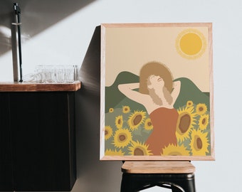 Sunflower Field Art, Bohemian Woman Art, Woman Wall Art, Boho Woman Art, Boho Wall Decor, Boho Bedroom Decor, Female Art