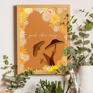 Póster inspirado en los años 70, arte de pared vintage, solo buenas vibraciones, impresiones de arte retro, decoración de pared de los años 60, tapices hippies, decoración de habitaciones retro