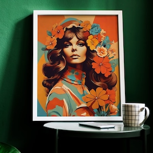 1970s Style Woman Art Print, Vintage Aesthetic, 70s Fashion Art, Retro Flower Power, Retro 70s Decor, Orange and Brown
