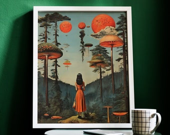 Surreal Art Print in Forest, Vintage Poster for Home Decor, Retro Surreal Collage Art, Trippy Art in Nature, Unique Wall Hangings