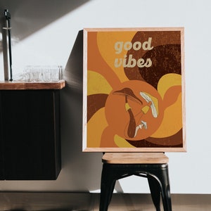 Cartel de buenas vibraciones, setas retro, impresiones de arte de pared vintage, decoración de habitación hippie, impresión de arte de los años 70, decoración de pared inspirada en los años 60, arte naranja quemado