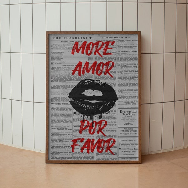 More Amor Por Favor Poster Print, Funky Art Print, Lips Wall Art, Black and White, Retro Newspaper Wall Art, Preppy Art