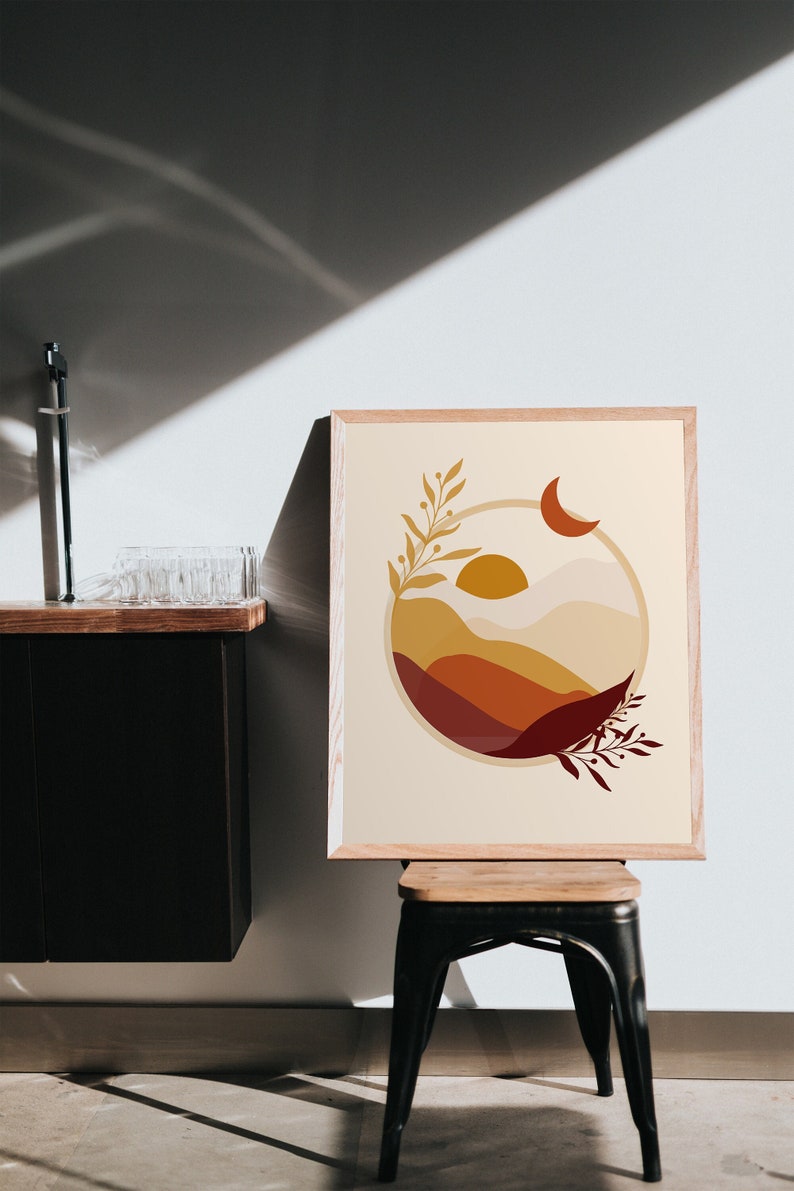 Sun and Moon Print, Yellow Sun Print, Digital Download Wall Art, Earth Tone Wall Art, Apartment Wall Art, Above Bed Decor image 1