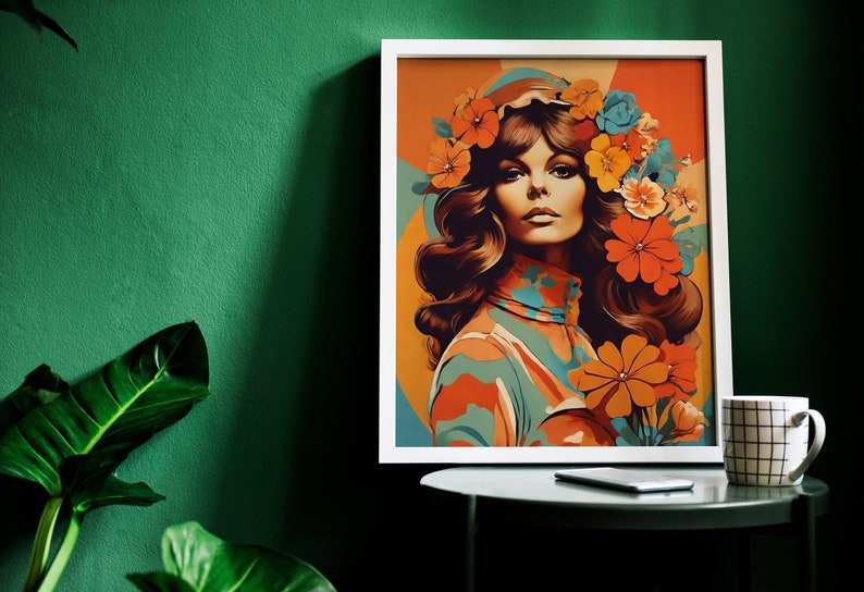 1970s-woman-art-print-retro-flower-power-orange-brown-digital