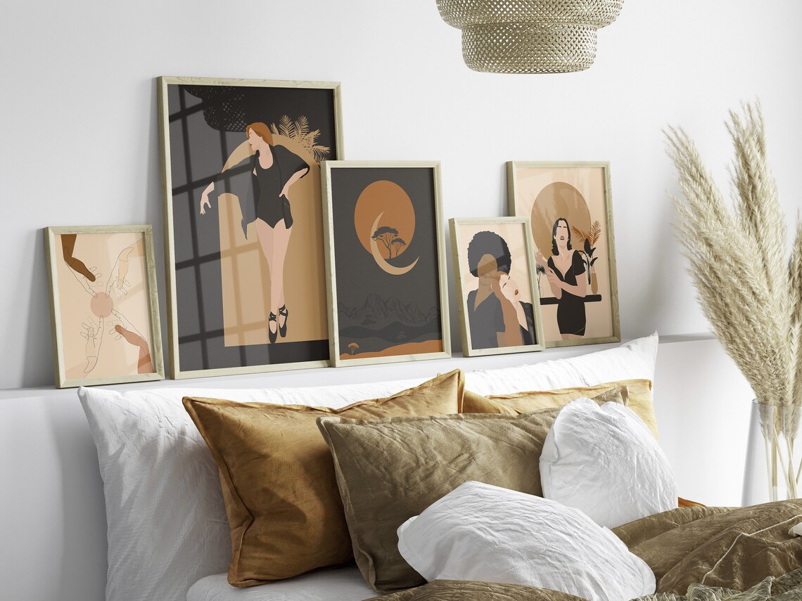 Boho Art Print Set of 5, Boho Bedroom Decor, Black Art, Digital Wall ...