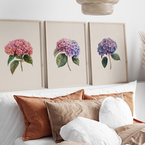 Hydrangea Print Set of 3, Pink Hydrangea, Hydrangea Wall Art, Coquette Room Decor, Watercolor Wall Art, 3 Piece Wall Art, Floral Wall Art