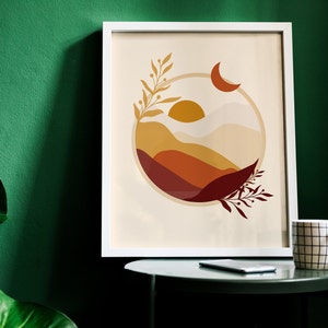 Sun and Moon Print, Yellow Sun Print, Digital Download Wall Art, Earth Tone Wall Art, Apartment Wall Art, Above Bed Decor image 2