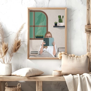 Woman and Books Wall Art, Gift for Book Lovers, Girl Reading Books in Bed, Woman Reading Book Poster Print, Love Reading Print, Printable