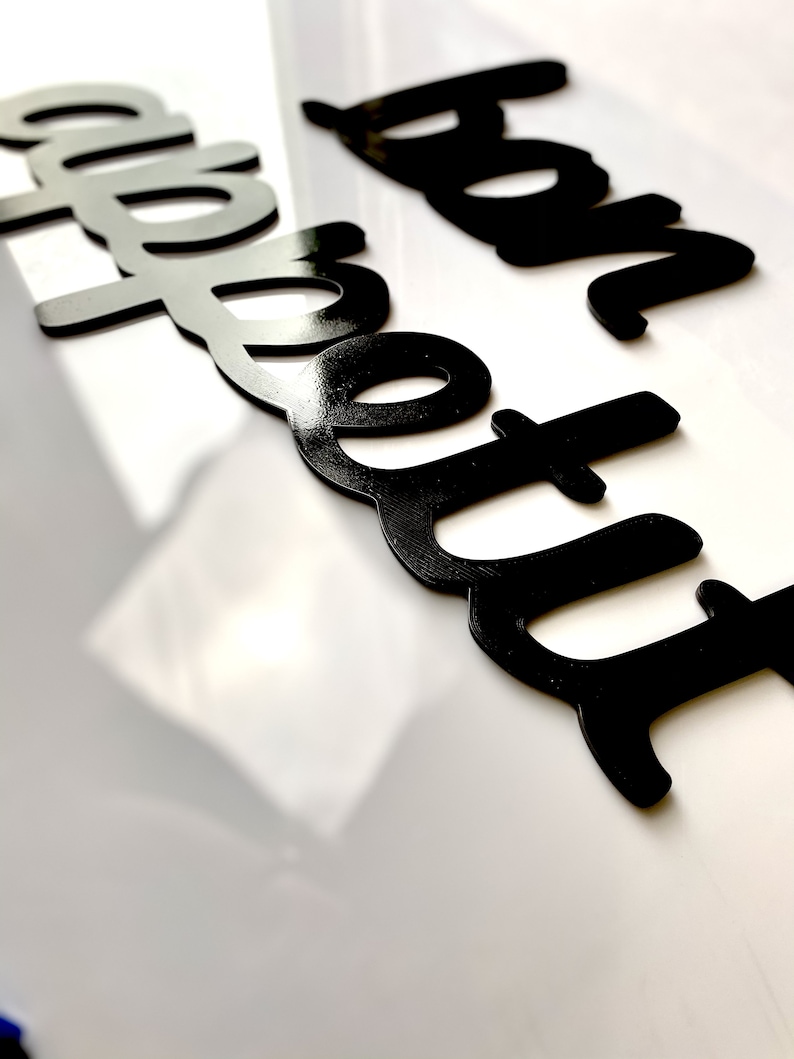 May include: Black acrylic letters spelling out "bon appetit" on a white surface.