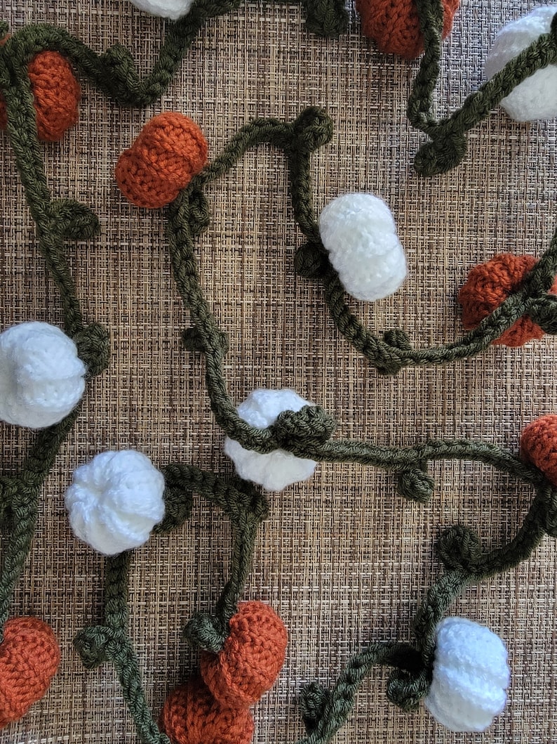 May include: A crocheted garland with alternating white and orange pumpkins. The garland is made of green yarn and is perfect for fall decor.