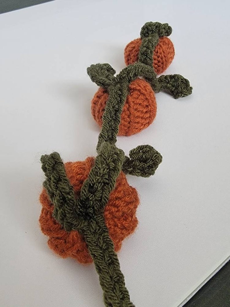 May include: A crocheted pumpkin vine with three orange pumpkins and green leaves.
