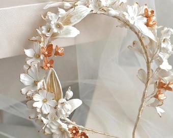Bandeau de mariage fleurs en argile blanche, accessoire de cheveux de mariée en perles, bandeau floral romantique
