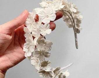 Bridal Headband White Clay Flower Headband Pearl Wedding Hair Accessory Floral Bride Hair Band Handmade Elegant Headpiece