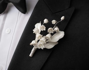 Boutonnière de muguet en argile faite main, épinglette de marié, boutonnière de mariage, boutonnière de fleurs en argile
