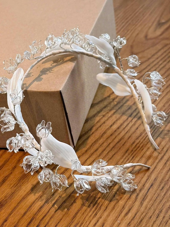 Crystal Lily of the Valley Crown, Handmade Bridal Headband, Fairy Wedding Headpiece, Botanical Crown, Luxury Wearable Art