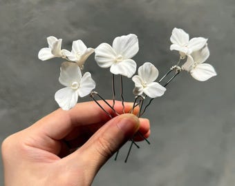 Ensemble de 3 épingles à cheveux artisanales en argile, épingles à cheveux blanches pour mariée, accessoires de coiffure de mariage, épingles à cheveux botaniques, épingles à cheveux florales