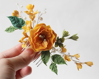 Peigne à cheveux en fleurs d'argile jaune - Accessoire de mariage bohème