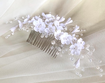 Peigne à cheveux de mariée fleurs en argile blanche, postiche de mariage en cristal perlé, accessoire floral de mariée bohème