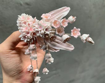 Épingle à cheveux fleur faite main en pâte polymère, morceau de cheveux de mariée ivoire avec perles