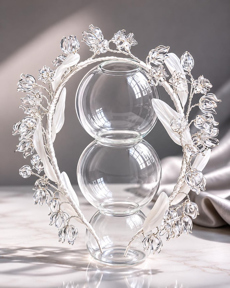 Peut inclure: Un serre-t&ecirc;te circulaire orn&eacute; de fleurs transparentes en forme de cloche et de feuilles blanches lisses fix&eacute;es sur une armature envelopp&eacute;e. Le serre-t&ecirc;te entoure un vase en verre transparent compos&eacute; de trois sph&egrave;res empil&eacute;es de tailles vari&eacute;es.