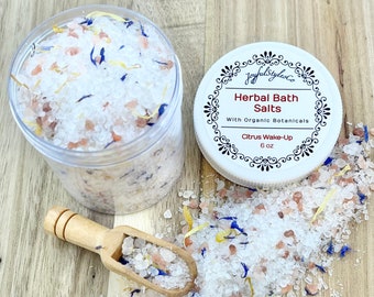 Sal de baño para despertar con cítricos, 6 oz, baño de hierbas, sal marina, sal de spa, regalo para ella, baño de aceites esenciales, suministros botánicos para baño, sal de Epsom natural