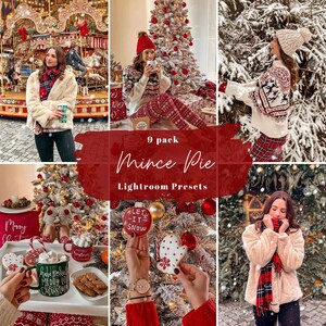 Puede incluir: Un conjunto de 9 ajustes preestablecidos de Lightroom llamados "Mince Pie" para editar fotos con un tema navideño cálido y festivo. Los ajustes preestablecidos se muestran aplicados a fotos de una mujer en un entorno de invierno, un árbol de Navidad y una galleta de jengibre.