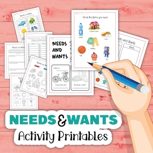 May include: A printable activity pack for teaching kids about needs and wants. The pack includes worksheets, coloring pages, and a needs vs wants chart. The worksheets feature images of items like a house, food, clothing, and toys.