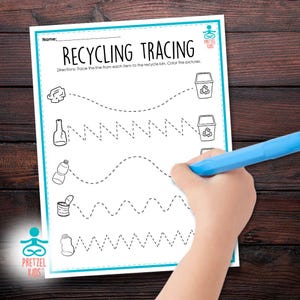 May include: A black and white printable worksheet with the title "Recycling Tracing". The worksheet has four lines with dotted lines for tracing. Each line has a picture of a recyclable item at the beginning of the line and a recycling bin at the end of the line. The worksheet is designed for children to practice tracing lines and learn about recycling.