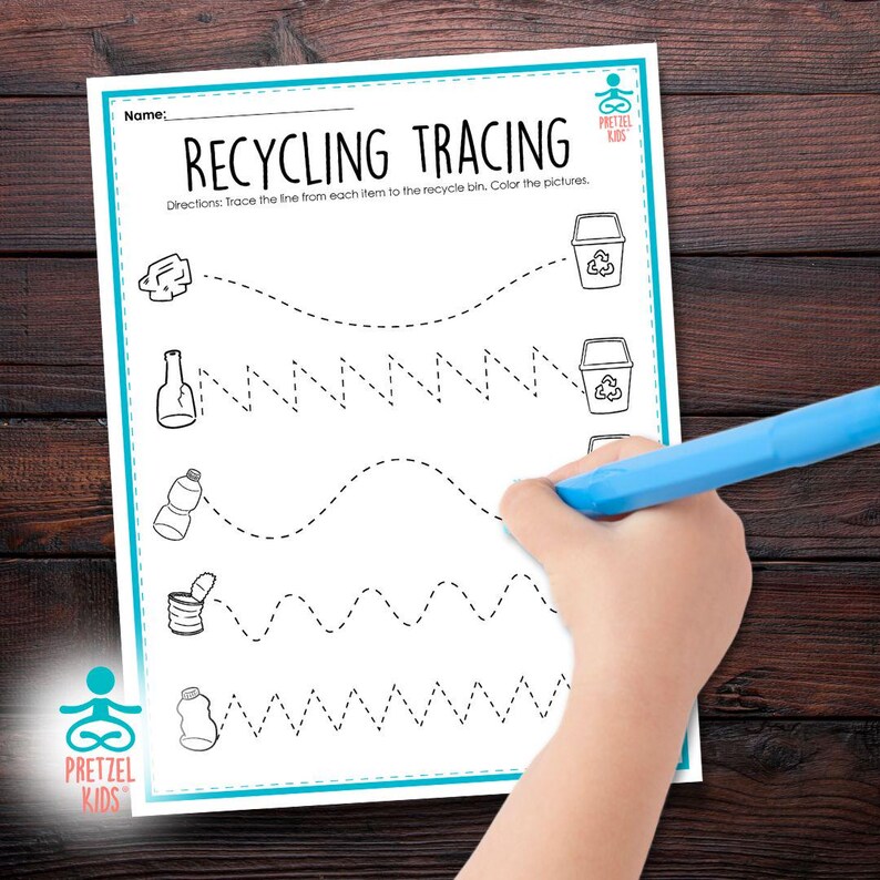 May include: A black and white printable worksheet with the title "Recycling Tracing". The worksheet has four lines with dotted lines for tracing. Each line has a picture of a recyclable item at the beginning of the line and a recycling bin at the end of the line. The worksheet is designed for children to practice tracing lines and learn about recycling.
