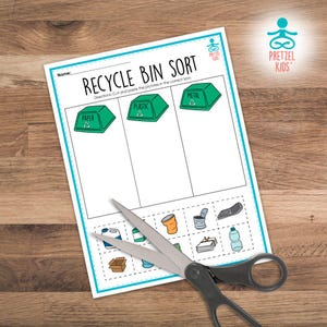 May include: A printable worksheet for children to learn about recycling. The worksheet has three green recycling bins labelled "paper", "plastic", and "metal". There are nine images of items to be sorted into the correct bin.