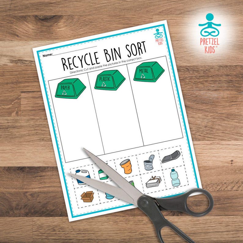 May include: A printable worksheet for children to learn about recycling. The worksheet has three green recycling bins labelled "paper", "plastic", and "metal". There are nine images of items to be sorted into the correct bin.