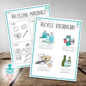 May include: Two black and white printable worksheets for children to learn about recycling. The first worksheet shows images of different materials and asks the child to colour the correct item in each category. The second worksheet shows images of different recyclable materials and asks the child to write the name of the material under each image.