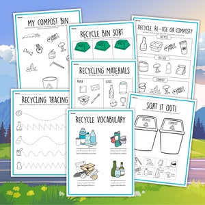 May include: A set of printable worksheets for children to learn about recycling and composting. The worksheets include activities such as sorting items into the correct bins, tracing lines, and matching words to pictures.