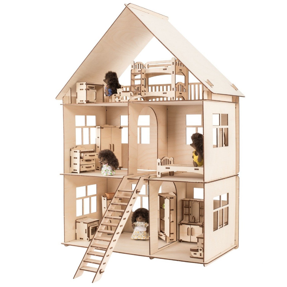 Wooden Doll House With Furniture/ Barbie Dollhouse/ Wooden Etsy