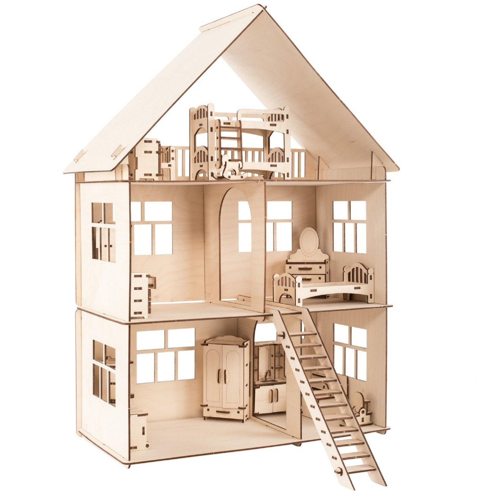 Wooden Doll House With Furniture/ Barbie Dollhouse/ Wooden Etsy