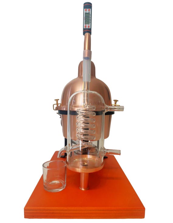 Alambicco Distillatore in rame con serpentina in vetro soffiato capacità 1 litro