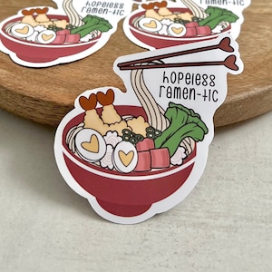 Autocollant Ramen en vinyl mat / paquet de 1, 3 ou 5 d'autocollants de Saint-Valentin / résistant à l'eau / collant de nourriture romantique