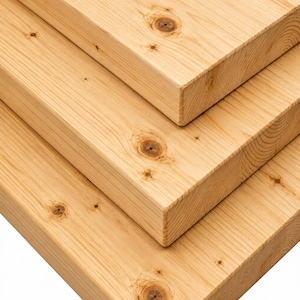 May include: Three stacked rectangular wooden boards featuring a light tan colour with visible natural wood grain patterns and several dark brown circular knots distributed across the smooth, flat surfaces of the planks.