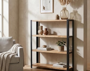 Industrial Wood & Metal Shelving Unit: Solid Wood Shelves, Angle Steel Frame, Bookcase, Bookshelf, Display Cabinet