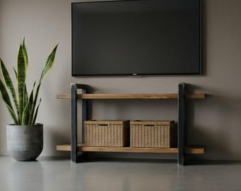 2-Tier Industrial Wood & Metal Shelving Unit: Solid Wood Shelves, Square Tube Steel Frame,  TV Console, Low Bookcase, Bookshelf