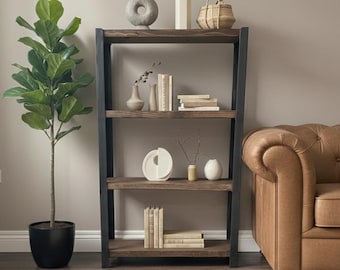 4-Tier Industrial Wood & Metal Shelving Unit: Solid Wood Shelves, Angle Steel Frame, Bookcase, Bookshelf, Display Cabinet