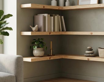 Solid Wood Corner Shelf, Rustic Floating Wall Shelving (Depth 22cm)