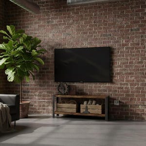 2-Tier Industrial Wood & Metal Shelving Unit: TV Console with Solid Wood Shelves and Angle Steel Frame, Low Shelving Storage